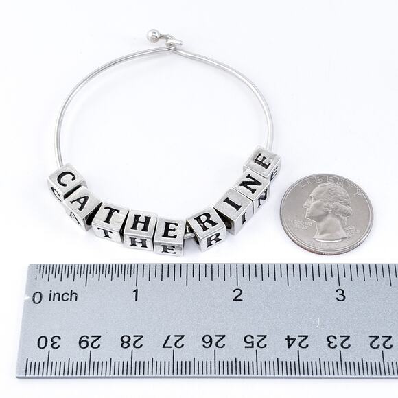 Vintage Sterling Silver 925 Catherine Name Cube Charm Bangle Bracelet 7" - Picture 10 of 10